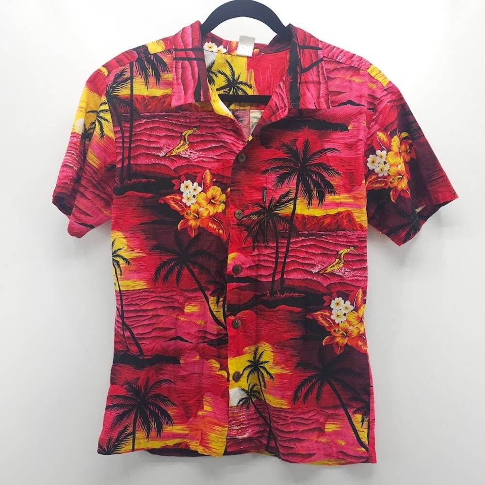 Palmwave Hawaiian Short Sleeve Cotton Shirt Small Red Floral Sunset Palm Tree